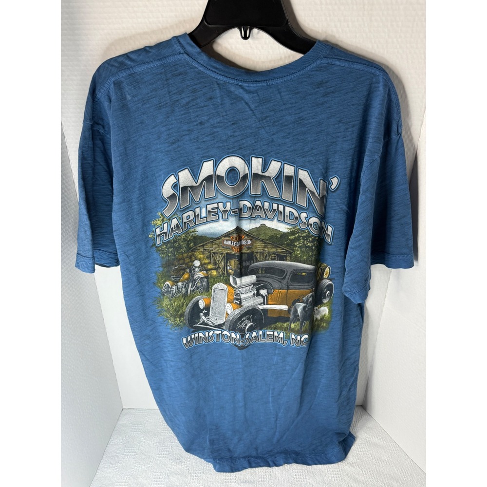 Harley-Davidson Mens Large Blue Slub Graphic Tee Smokin Winston-Salem NC Biker - Picture 2 of 3